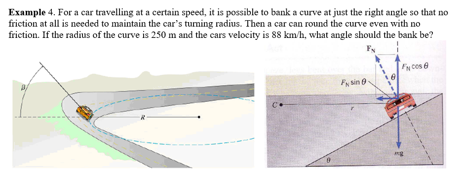 Example 4. For a car travelling at a certain speed, it is possible to bank a curve at just the right angle so that no
friction at all is needed to maintain the car's turning radius. Then a car can round the curve even with no
friction. If the radius of the curve is 250 m and the cars velocity is 88 km/h, what angle should the bank be?
FN
B
Co
8
FN sin 0.
FN COS
mg