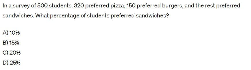 In a survey of 500 students, 320 preferred pizza, 150 preferred burgers, and the rest preferred
sandwiches. What percentage of students preferred sandwiches?
A) 10%
B) 15%
C) 20%
D) 25%