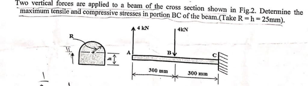 Two vertical forces are applied to a beam of the cross section shown in Fig.2. Determine the
maximum tensile and compressive stresses in portion BC of the beam.(Take R=h=25mm).
4 kN
4KN
-le
A
What
B
300 mm
300 mm