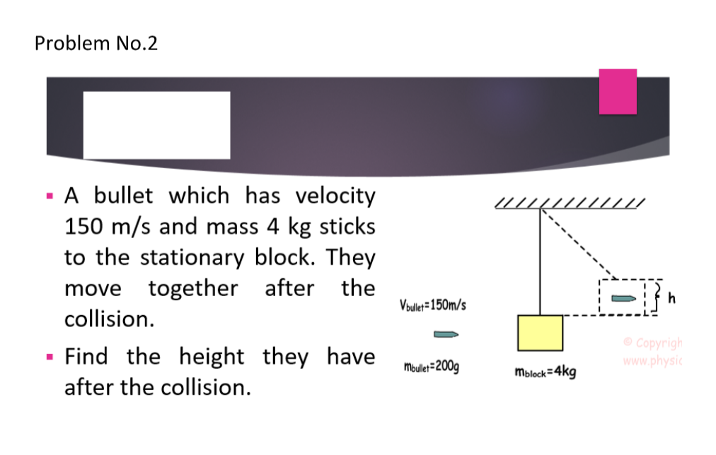 Problem No.2
A bullet which has velocity
150 m/s and mass 4 kg sticks
to the stationary block. They
together after the
//
move
Voulet=150m/s
collision.
Find the height they have
O Copyrigh
www.physic
Mbulet=200g
mblock=4kg
after the collision.
