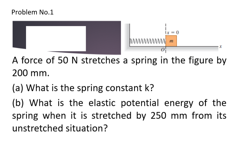 Problem No.1
Ix = 0
A force of 50 N stretches a spring in the figure by
200 mm.
(a) What is the spring constant k?
(b) What is the elastic potential energy of the
spring when it is stretched by 250 mm from its
unstretched situation?
