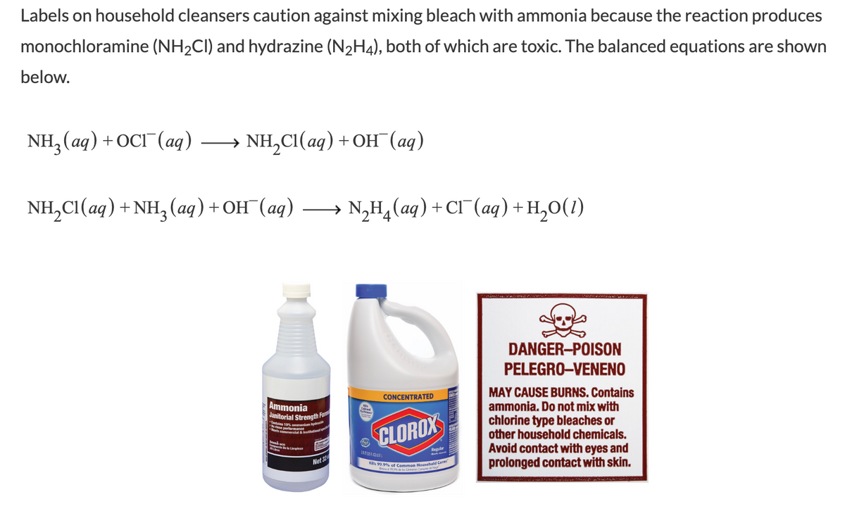 Labels on household cleansers caution against mixing bleach with ammonia because the reaction produces
monochloramine (NH2CI) and hydrazine (N2H4), both of which are toxic. The balanced equations are shown
below.
NH, (aq) + OCI¯(aq)
→ NH,C1(aq) +OH (aq)
NH,CI(aq) + NH, (aq) + OH¯(aq)
→ N,H,(aq) +Cl¯(aq) +H,0(1)
DANGER-POISON
PELEGRO-VENENO
MAY CAUSE BURNS. Contains
ammonia. Do not mix with
chlorine type bleaches or
other household chemicals.
Avoid contact with eyes and
prolonged contact with skin.
CONCENTRATED
Ammonia
Janitorial Strength For
ntains 10% ammonium hyd
rinse pertemance
ets commerelal & institutiona
CLOROX
le bela Liple
Regular
Net 32
Klls 99.9% of Common
