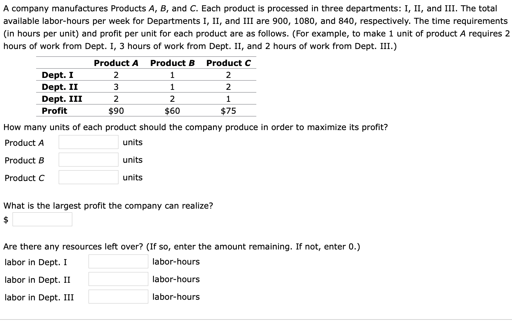 A company manufactures Products A, B, and C. Each product is processed in three departments: I, II, and III. The total
available labor-hours per week for Departments I, II, and III are 900, 1080, and 840, respectively. The time requirements
(in hours per unit) and profit per unit for each product are as follows. (For example, to make 1 unit of product A requires 2
hours of work from Dept. I, 3 hours of work from Dept. II, and 2 hours of work from Dept. III.)
Product A
Product B
Product C
Dept. I
Dept. II
2
1
3
2
1
2
Dept. III
1
Profit
$90
$60
$75
How many units of each product should the company produce in order to maximize its profit?
units
Product A
Product B
units
Product C
units
What is the largest profit the company can realize?
$
Are there any resources left over? (If so, enter the amount remaining. If not, enter 0.)
labor in Dept. I
labor-hours
labor in Dept. II
labor-hours
labor in Dept. III
labor-hours
