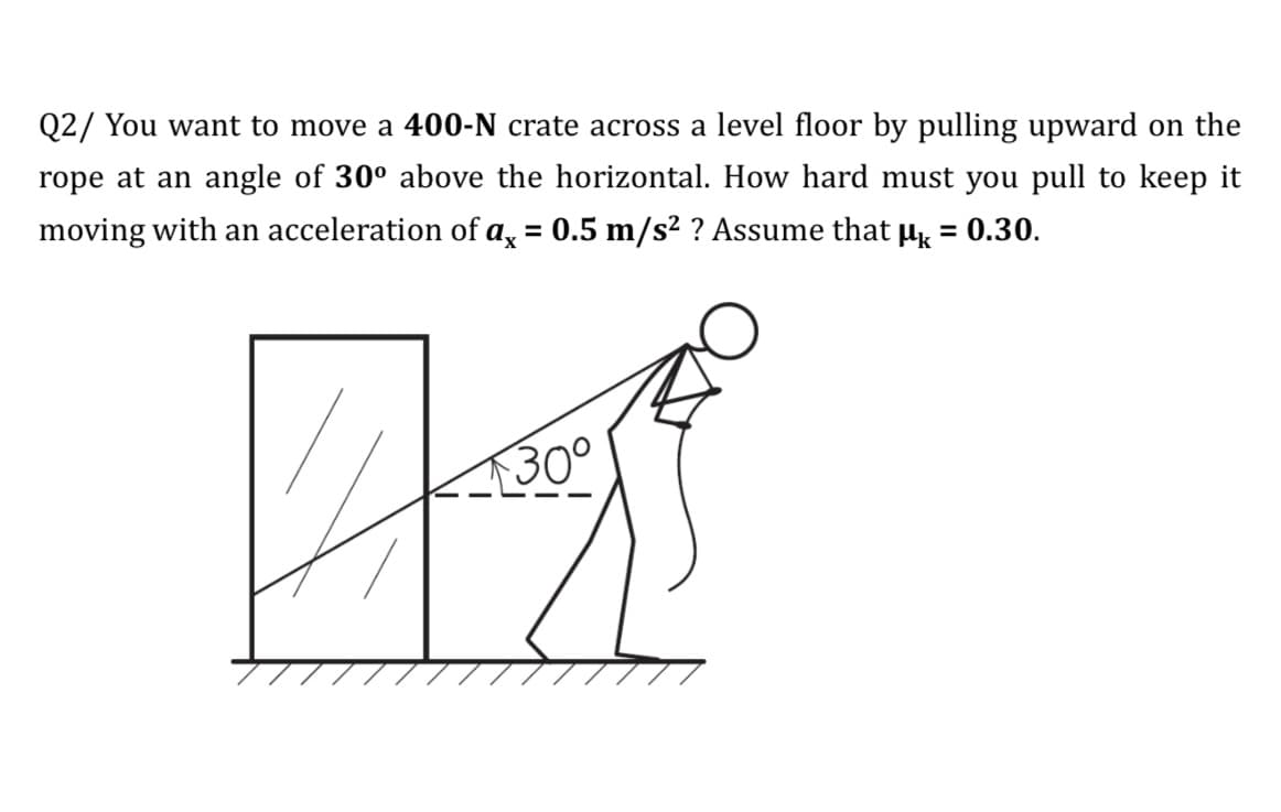 Q2/ You want to move a 400-N crate across a level floor by pulling upward on the
rope at an angle of 30° above the horizontal. How hard must you pull to keep it
moving with an acceleration of a, = 0.5 m/s² ? Assume that p = 0.30.
30°
