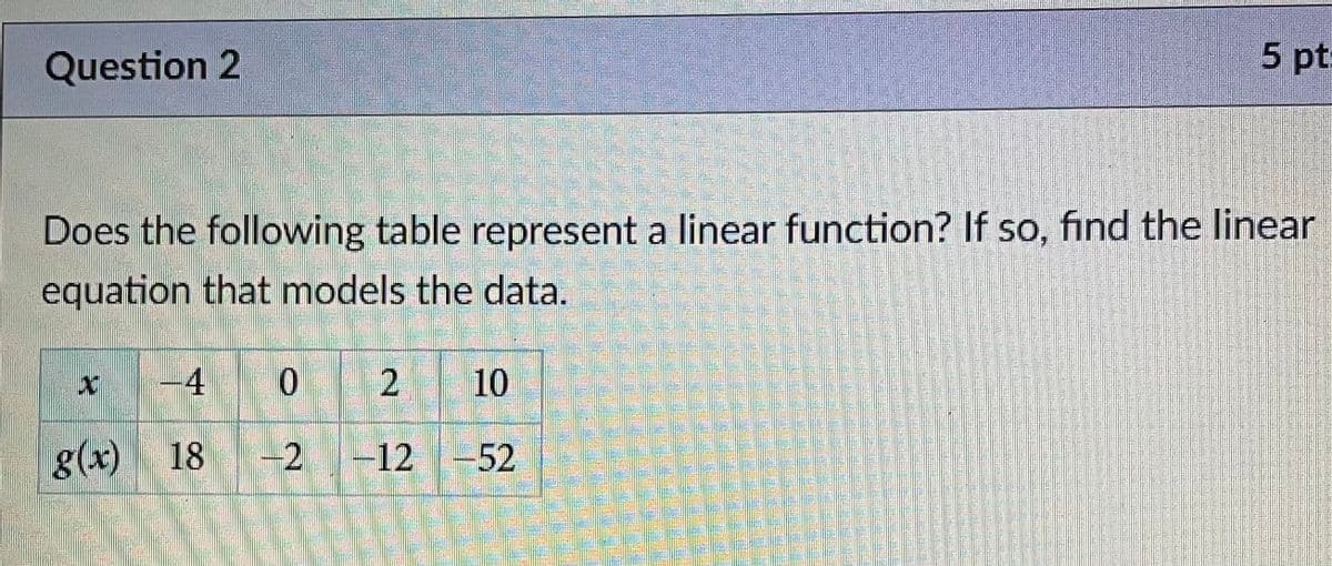 Question 2
5 pt:
Does the following table represent a linear function? If so, find the linear
equation that models the data.
-4
10
g(x)
18
-2
+12 -52
2.
