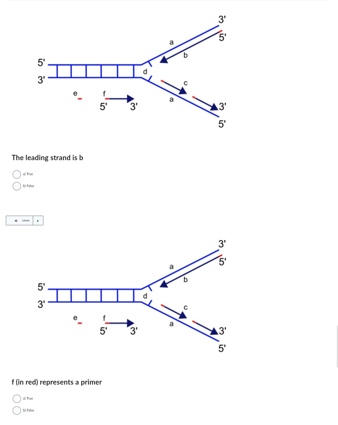 The leading strand is b
a) True
b) False
ED Listen
5'
3'
a) True
b) False
5'
i
3'
f
5'
f (in red) represents a primer
f
5'
3'
3'
a
a
b
3.15
3'
5'
3'
in
3.15
3'
5'
3'
5'