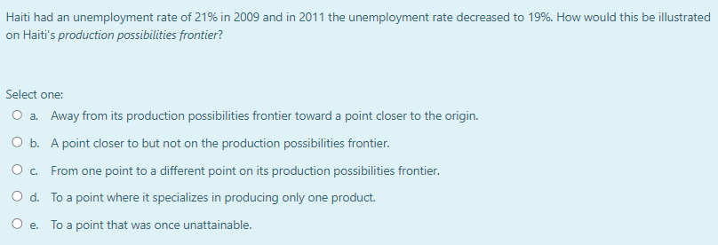Haiti had an unemployment rate of 21% in 2009 and in 2011 the unemployment rate decreased to 19%. How would this be illustrated
on Haiti's production possibilities frontier?
Select one:
O a. Away from its production possibilities frontier toward a point closer to the origin.
O b. A point closer to but not on the production possibilities frontier.
From one point to a different point on its production possibilities frontier.
To a point where it specializes in producing only one product.
O c.
O d.
O e. To a point that was once unattainable.
