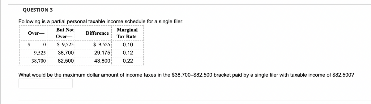 QUESTION 3
Following is a partial personal taxable income schedule for a single filer:
But Not
Over-
Difference
Over-
$
0
9,525
38,700
$ 9,525
38,700
82,500
$ 9,525
29,175
43,800
Marginal
Tax Rate
0.10
0.12
0.22
What would be the maximum dollar amount of income taxes in the $38,700-$82,500 bracket paid by a single filer with taxable income of $82,500?