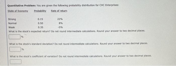 Quantitative Problem: You are given the following probability distribution for CHC Enterprises:
State of Economy Probability
Rate of return
Strong
Normal
%
0.15
0.50
0.35
Weak
What is the stock's expected return? Do not round intermediate calculations. Round your answer to two decimal places.
22%
8%
-5%
%
What is the stock's standard deviation? Do not round intermediate calculations. Round your answer to two decimal places.
What is the stock's coefficient of variation? Do not round intermediate calculations, Round your answer to two decimal places.