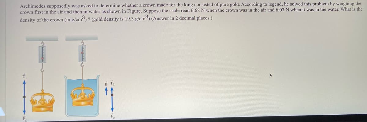 Archimedes supposedly was asked to determine whether a crown made for the king consisted of pure gold. According to legend, he solved this problem by weighing the
crown first in the air and then in water as shown in Figure. Suppose the scale read 6.68 N when the crown was in the air and 6.07 N when it was in the water. What is the
density of the crown (in g/cm3) ? (gold density is 19.3 g/cm) (Answer in 2 decimal places )
