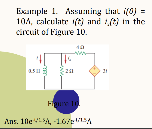 Example 1. Assuming that i(0)
=
10A, calculate i(t) and i(t) in the
circuit of Figure 10.
0.5 H
ix
252
4Ω
www
Figure 10.
Ans. 10e-t/1.5A, -1.67e-t/1.5A
3i
