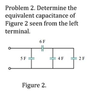 Problem 2. Determine the
equivalent capacitance of
Figure 2 seen from the left
terminal.
5F
6F
Figure 2.
4F
2 F