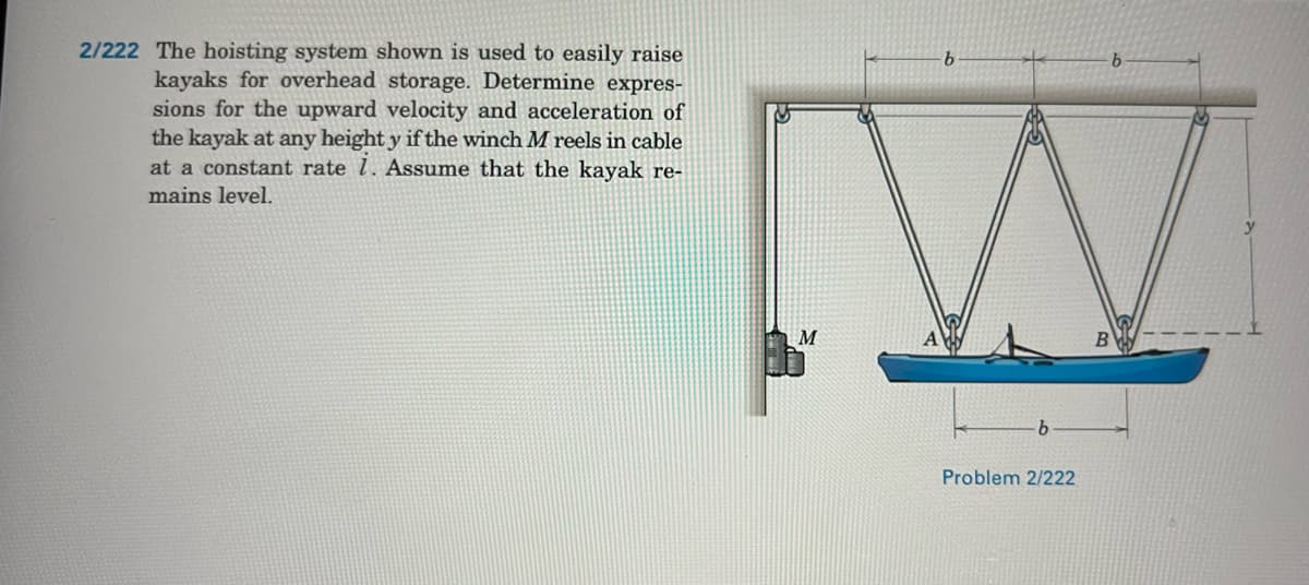 2/222 The hoisting system shown is used to easily raise
kayaks for overhead storage. Determine expres-
sions for the upward velocity and acceleration of
the kayak at any height y if the winch M reels in cable
at a constant rate 1. Assume that the kayak re-
b.
mains level.
M
Problem 2/222
