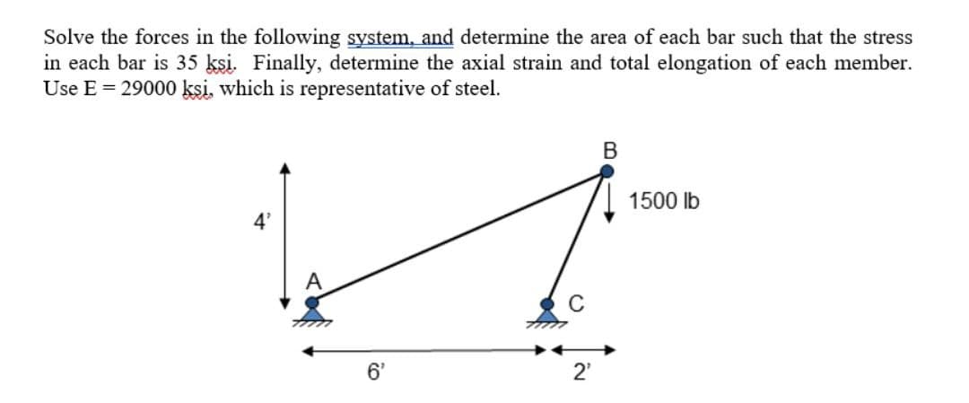 Solve the forces in the following system, and determine the area of each bar such that the stress
in each bar is 35 ksi. Finally, determine the axial strain and total elongation of each member.
Use E = 29000 ksi, which is representative of steel.
В
1500 lb
4'
6'
2'

