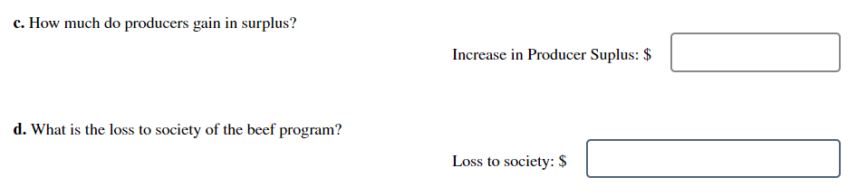 c. How much do producers gain in surplus?
d. What is the loss to society of the beef program?
Increase in Producer Suplus: $
Loss to society: $