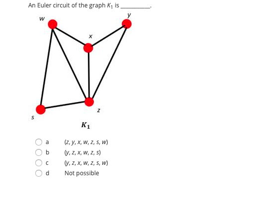 An Euler circuit of the graph K1 is,
K1
(z, y, x, W, z, S, W)
(V, z, X, W, z, s)
(V, Z, x, W, z, s, W)
a
d.
Not possible
