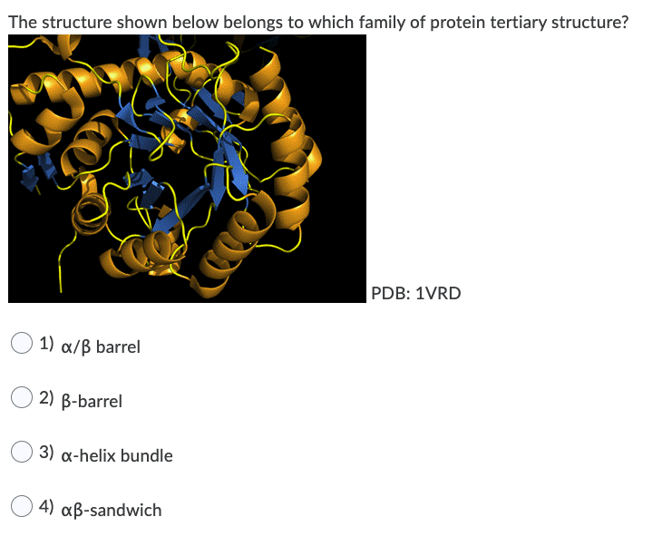 The structure shown below belongs to which family of protein tertiary structure?
1) x/B barrel
2) B-barrel
3) x-helix bundle
4) xß-sandwich
PDB: 1VRD