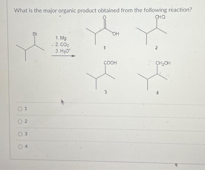 What is the major organic product obtained from the following reaction?
CHO
0 1
02
O
O
3
4
Br
1. Mg
2. CO₂
3. H30°
OH
COOH
3
2
CH₂OH