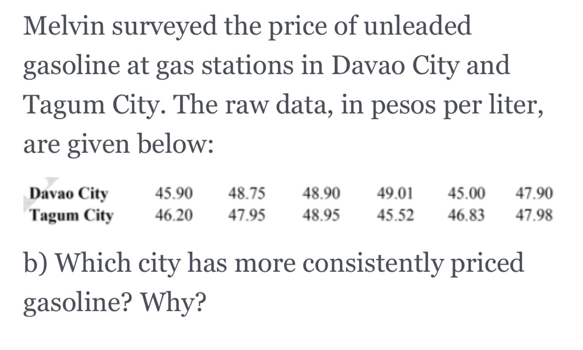 Melvin surveyed the price of unleaded
gasoline at gas stations in Davao City and
Tagum City. The raw data, in pesos per liter,
are given below:
Davao City
Tagum City
45.90
48.75
48.90
49.01
45.00
47.90
46.20
47.95
48.95
45.52
46.83
47.98
b) Which city has more consistently priced
gasoline? Why?

