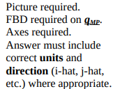 Picture required.
FBD required on qMP-
Axes required.
Answer must include
correct units and
direction (i-hat, j-hat,
etc.) where appropriate.
