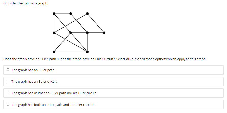 Consider the following graph:
Does the graph have an Euler path? Does the graph have an Euler circuit?; Select all (but only) those options which apply to this graph.
O The graph has an Euler path.
O The graph has an Euler circuit.
O The graph has neither an Euler path nor an Euler circuit.
O The graph has both an Euler path and an Euler curcuit.
