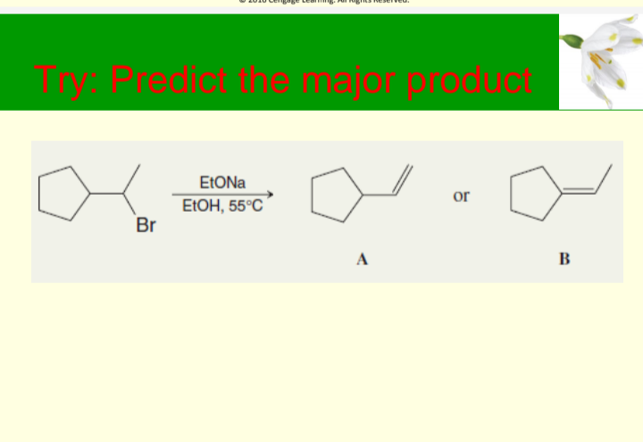 Try: Predict the major product
ELONA
or
EIОН, 55°C
Br
A
B
