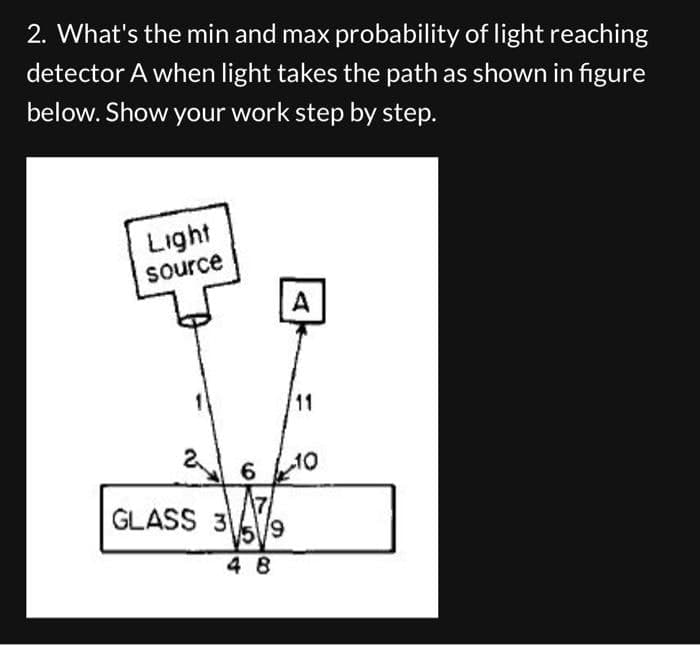 2. What's the min and max probability of light reaching
detector A when light takes the path as shown in figure
below. Show your work step by step.
Light
source
ស
A
11
610
GLASS 3
7
4 B
6
19