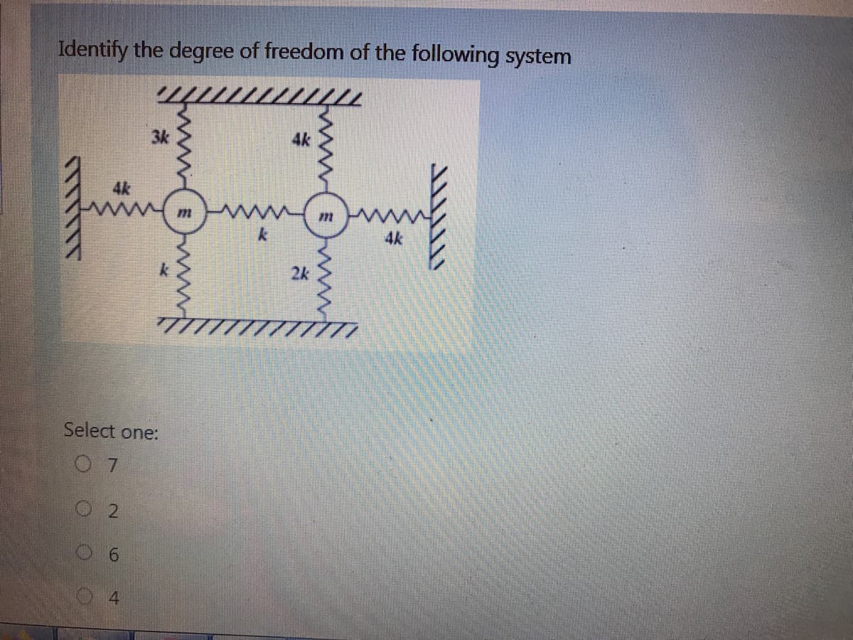 Identify the degree of freedom of the following system
3k
4k
4k
2k
Select one:
0 7
4
