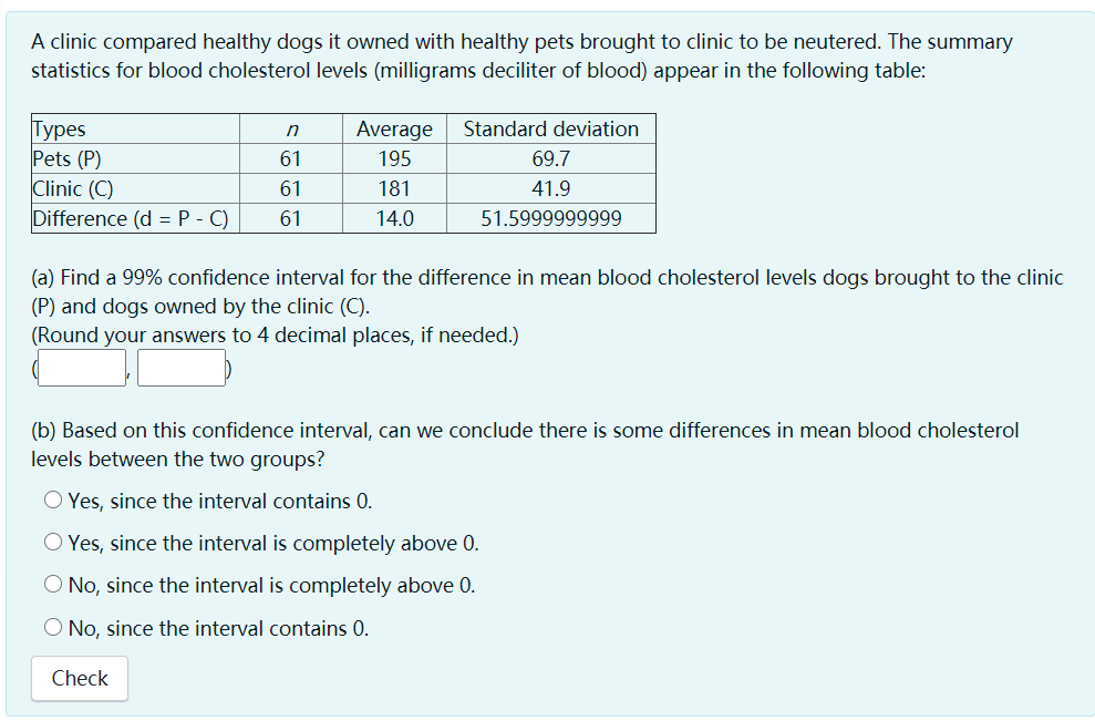 A clinic compared healthy dogs it owned with healthy pets brought to clinic to be neutered. The summary
statistics for blood cholesterol levels (milligrams deciliter of blood) appear in the following table:
Types
Pets (P)
Clinic (C)
Difference (d = P - C)
Average
Standard deviation
n
61
195
69.7
61
181
41.9
61
14.0
51.5999999999
(a) Find a 99% confidence interval for the difference in mean blood cholesterol levels dogs brought to the clinic
(P) and dogs owned by the clinic (C).
(Round your answers to 4 decimal places, if needed.)
(b) Based on this confidence interval, can we conclude there is some differences in mean blood cholesterol
levels between the two groups?
O Yes, since the interval contains 0.
O Yes, since the interval is completely above 0.
O No, since the interval is completely above 0.
O No, since the interval contains 0.
Check
