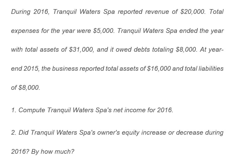 During 2016, Tranquil Waters Spa reported revenue of $20,000. Total
expenses for the year were $5,000. Tranquil Waters Spa ended the year
with total assets of $31,000, and it owed debts totaling $8,000. At year-
end 2015, the business reported total assets of $16,000 and total liabilities
of $8,000.
1. Compute Tranquil Waters Spa's net income for 2016.
2. Did Tranquil Waters Spa's owner's equity increase or decrease during
2016? By how much?