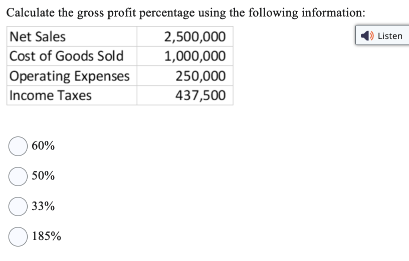 Calculate the gross profit percentage using the following information:
Net Sales
Cost of Goods Sold
Operating Expenses
Income Taxes
60%
O 50%
O
33%
185%
2,500,000
1,000,000
250,000
437,500
Listen