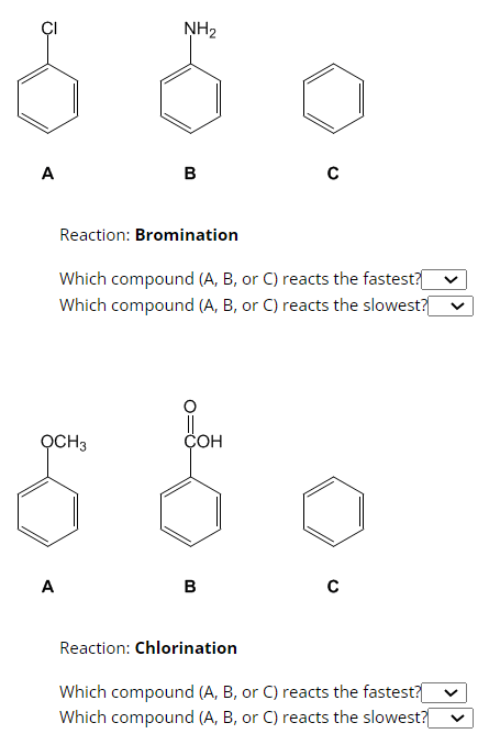 Ō
A
A
NH₂
OCH 3
B
Reaction: Bromination
Which compound (A, B, or C) reacts the fastest?
Which compound (A, B, or C) reacts the slowest?[
COH
C
B
C
Reaction: Chlorination
Which compound (A, B, or C) reacts the fastest?[
Which compound (A, B, or C) reacts the slowest?[