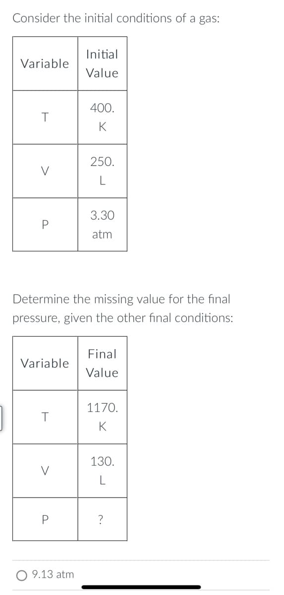 Consider the initial conditions of a gas:
Initial
Variable
Value
400.
K
250.
3.30
P
atm
Determine the missing value for the final
pressure, given the other final conditions:
Final
Variable
Value
1170.
K
130.
V
L
9.13 atm
>
