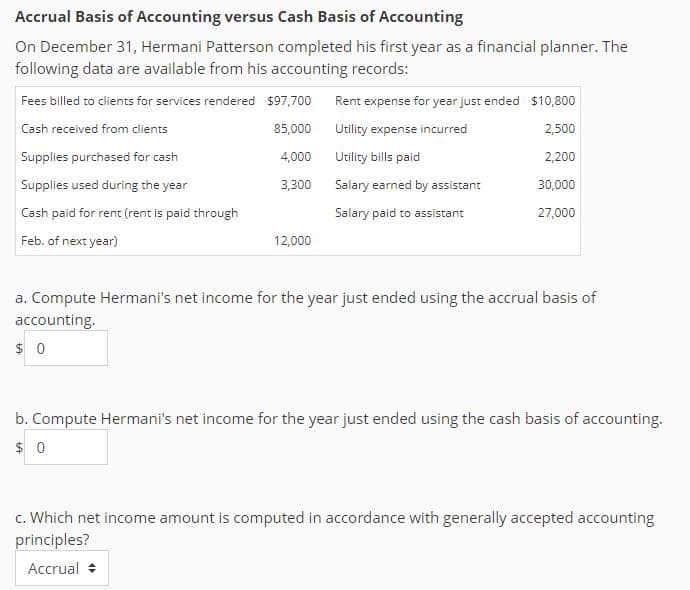 Accrual Basis of Accounting versus Cash Basis of Accounting
On December 31, Hermani Patterson completed his first year as a financial planner. The
following data are available from his accounting records
Fees billed to clients for services rendered $97,700 Rent expense for year just ended $10,800
Cash received from clients
Supplies purchased for cash
Supplies used during the year
Cash paid for rent (rent is paid through
Feb. of next year)
85,000
Utility expense incurred
4,000
Utility bills paid
3,300 Salary earned by assistant
30,000
Salary paid to assistant
27,000
12,000
a. Compute Hermani's net income for the year just ended using the accrual basis of
accountin
b. Compute Hermani's net income for the year just ended using the cash basis of accounting
c. Which net income amount is computed in accordance with generally accepted accounting
principles?
Accrual
