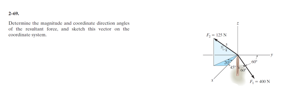 2-69.
Determine the magnitude and coordinate direction angles
of the resultant force, and sketch this vector on the
coordinate system.
F₂ = 125 N
5
20⁰
45
60°
60°
F₁ = 400 N