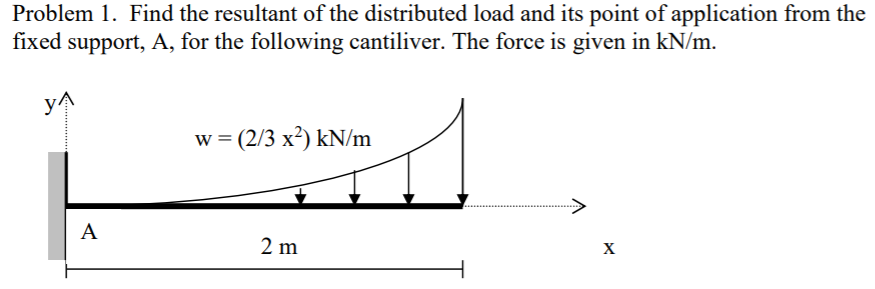 Problem 1. Find the resultant of the distributed load and its point of application from the
fixed support, A, for the following cantiliver. The force is given in kN/m.
yA
w = (2/3 x²) kN/m
->
A
2 m
X
