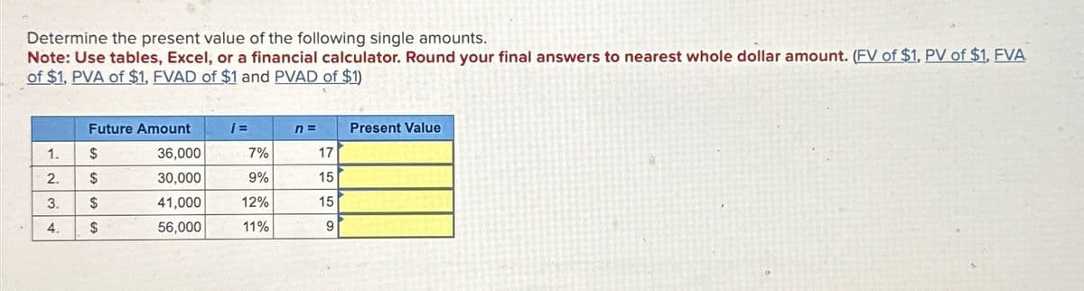 Determine the present value of the following single amounts.
Note: Use tables, Excel, or a financial calculator. Round your final answers to nearest whole dollar amount. (FV of $1, PV of $1, FVA
of $1, PVA of $1, FVAD of $1 and PVAD of $1)
1.
2.
3.
4.
Future Amount
$
$
$
$
36,000
30,000
41,000
56,000
7%
9%
12%
11%
n =
17
15
15
9
Present Value