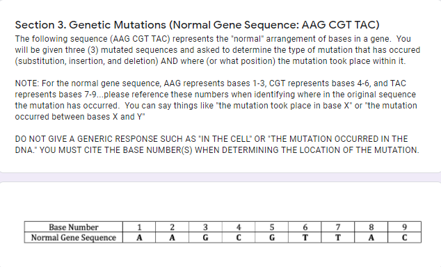 Section 3. Genetic Mutations (Normal Gene Sequence: AAG CGT TAC)
The following sequence (AAG CGT TAC) represents the "normal" arrangement of bases in a gene. You
will be given three (3) mutated sequences and asked to determine the type of mutation that has occured
(substitution, insertion, and deletion) AND where (or what position) the mutation took place within it.
NOTE: For the normal gene sequence, AAG represents bases 1-3, CGT represents bases 4-6, and TAC
represents bases 7-9.please reference these numbers when identifying where in the original sequence
the mutation has occurred. You can say things like "the mutation took place in base X" or "the mutation
occurred between bases X and Y"
DO NOT GIVE A GENERIC RESPONSE SUCH AS "IN THE CELL" OR "THE MUTATION OCCURRED IN THE
DNA." YOU MUST CITE THE BASE NUMBER(S) WHEN DETERMINING THE LOCATION OF THE MUTATION.
Base Number
1
A.
4
5
7
8
Normal Gene Sequence
G
G
T
A.
2A
