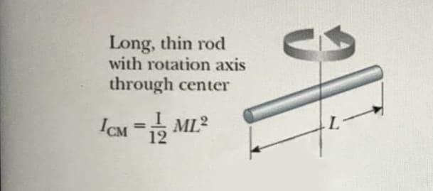 Long, thin rod
with rotation axis
through center
ML2
%3D
