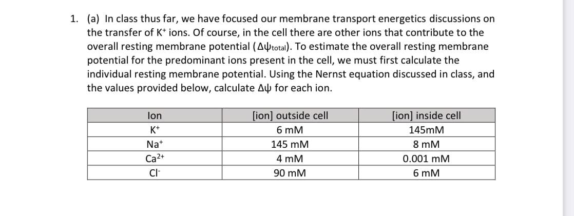 1. (a) In class thus far, we have focused our membrane transport energetics discussions on
the transfer of K+ ions. Of course, in the cell there are other ions that contribute to the
overall resting membrane potential (Autotal). To estimate the overall resting membrane
potential for the predominant ions present in the cell, we must first calculate the
individual resting membrane potential. Using the Nernst equation discussed in class, and
the values provided below, calculate A for each ion.
lon
K+
Na+
Ca²+
CI-
[ion] outside cell
6 mM
145 mM
4 mM
90 mM
[ion] inside cell
145mM
8 mM
0.001 mM
6 mM