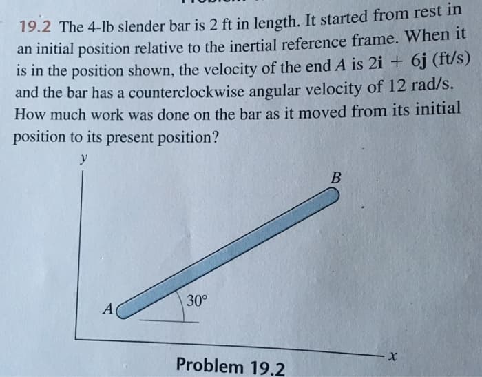 19.2 The 4-lb slender bar is 2 ft in length. It started from rest in
an initial position relative to the inertial reference frame. When it
is in the position shown, the velocity of the end A is 2i + 6j (ft/s)
and the bar has a counterclockwise angular velocity of 12 rad/s.
How much work was done on the bar as it moved from its initial
position to its present position?
y
A
30°
Problem 19.2
B
X