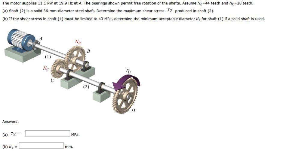 The motor supplies 11.1 kW at 19.9 Hz at A. The bearings shown permit free rotation of the shafts. Assume Ng=44 teeth and Ne=28 teeth.
(a) Shaft (2) is a solid 36-mm-diameter steel shaft. Determine the maximum shear stress T2 produced in shaft (2).
(b) If the shear stress in shaft (1) must be limited to 43 MPa, determine the minimum acceptable diameter d, for shaft (1) if a solid shaft is used.
NB
В
(1)
Nc
Tp
(2)
Answers:
MPa.
(a) T2 =
mm.
(b) di =
