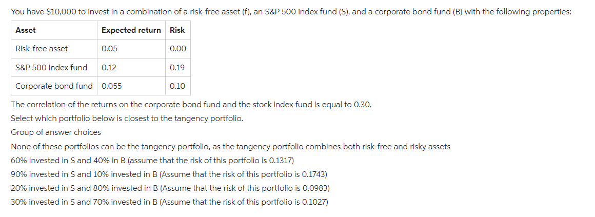 You have $10,000 to invest in a combination of a risk-free asset (f), an S&P 500 index fund (S), and a corporate bond fund (B) with the following properties:
Expected return Risk
Asset
Risk-free asset
S&P 500 index fund
0.05
0.12
0.00
0.19
Corporate bond fund 0.055
The correlation of the returns on the corporate bond fund and the stock index fund is equal to 0.30.
Select which portfolio below is closest to the tangency portfolio.
Group of answer choices
0.10
None of these portfolios can be the tangency portfolio, as the tangency portfolio combines both risk-free and risky assets
60% invested in S and 40% in B (assume that the risk of this portfolio is 0.1317)
90% invested in S and 10% invested in B (Assume that the risk of this portfolio is 0.1743)
20% invested in S and 80% invested in B (Assume that the risk of this portfolio is 0.0983)
30% invested in S and 70% invested in B (Assume that the risk of this portfolio is 0.1027)
