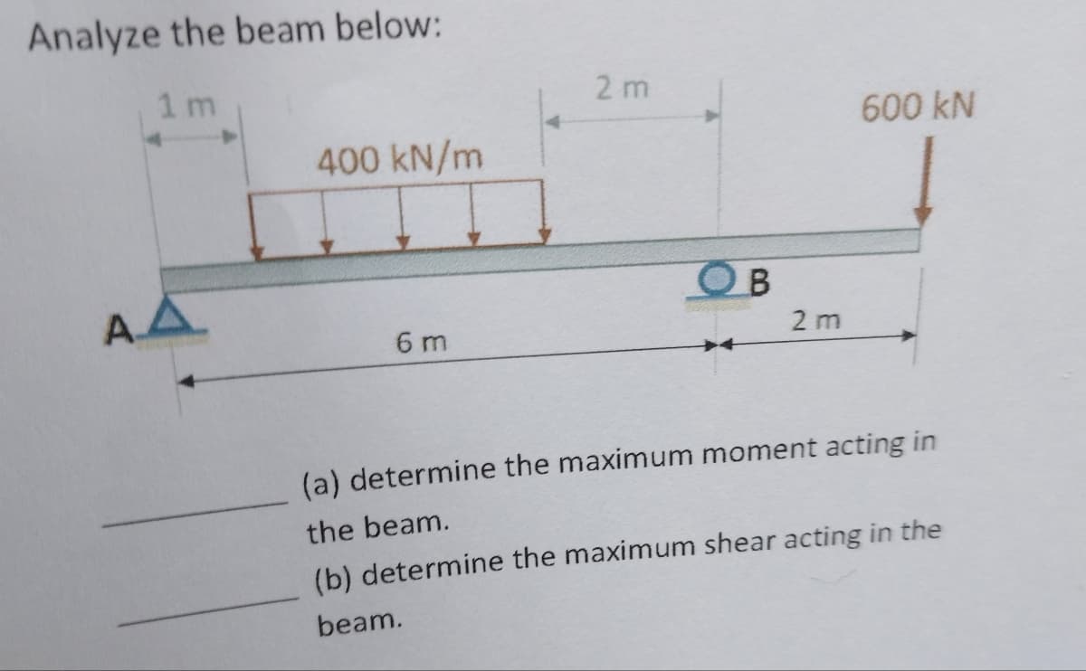 Analyze the beam below:
1 m
400 kN/m
Α.Δ.
6 m
2 m
600 kN
B
2 m
(a) determine the maximum moment acting in
the beam.
(b) determine the maximum shear acting in the
beam.