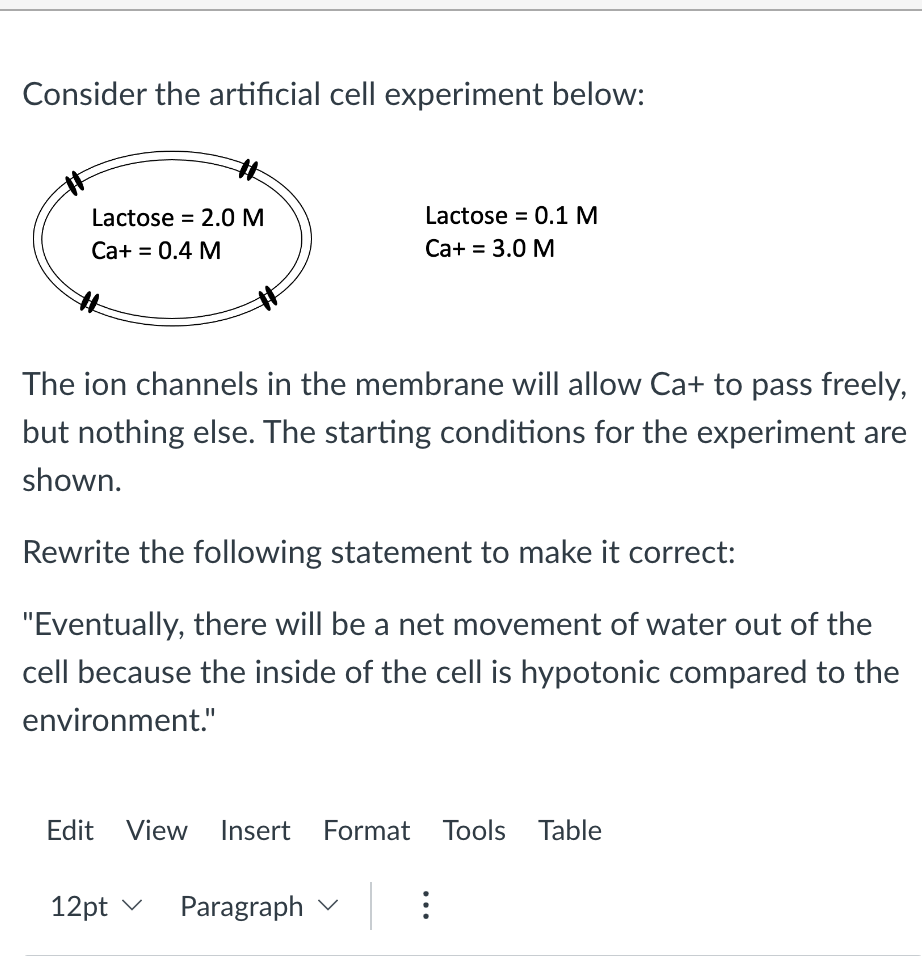 Consider the artificial cell experiment below:
Lactose = 2.0 M
Ca+ = 0.4 M
The ion channels in the membrane will allow Ca+ to pass freely,
but nothing else. The starting conditions for the experiment are
shown.
Lactose = 0.1 M
Ca+ = 3.0 M
Rewrite the following statement to make it correct:
"Eventually, there will be a net movement of water out of the
cell because the inside of the cell is hypotonic compared to the
environment."
Edit View Insert Format Tools Table
12pt ✓
Paragraph