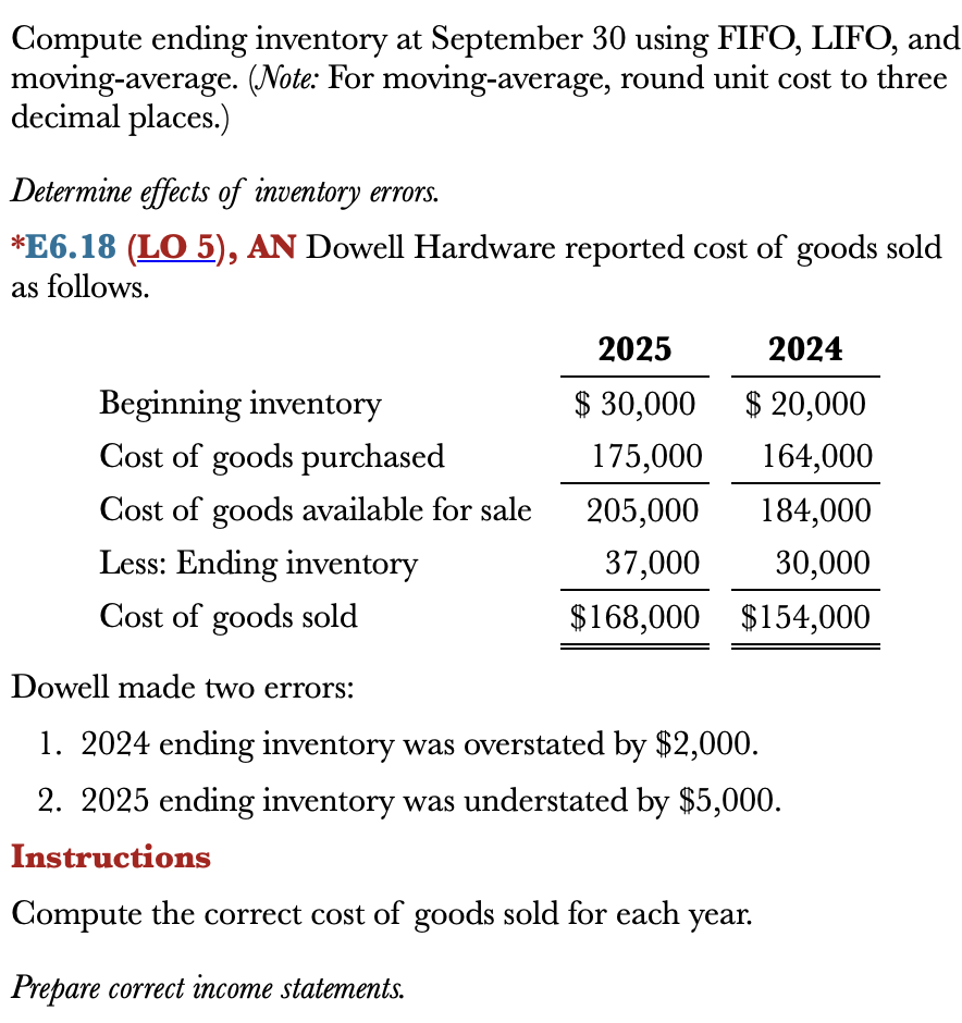 Compute ending inventory at September 30 using FIFO, LIFO, and
moving-average. (Note: For moving-average, round unit cost to three
decimal places.)
Determine effects of inventory errors.
*E6.18 (LO 5), AN Dowell Hardware reported cost of goods sold
as follows.
Beginning inventory
Cost of goods purchased
Cost of goods available for sale
Less: Ending inventory
Cost of goods sold
2025
2024
$30,000 $20,000
175,000
164,000
205,000
184,000
37,000
30,000
$168,000
$154,000
Dowell made two errors:
1. 2024 ending inventory was overstated by $2,000.
2. 2025 ending inventory was understated by $5,000.
Instructions
Compute the correct cost of goods sold for each year.
Prepare correct income statements.