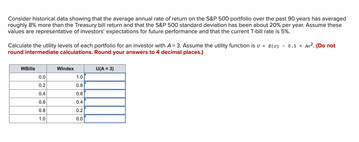 Consider historical data showing that the average annual rate of return on the S&P 500 portfolio over the past 90 years has averaged
roughly 8% more than the Treasury bill return and that the S&P 500 standard deviation has been about 20% per year. Assume these
values are representative of investors' expectations for future performance and that the current T-bill rate is 5%.
Calculate the utility levels of each portfolio for an investor with A = 3. Assume the utility function is u =
round intermediate calculations. Round your answers to 4 decimal places.)
E(r)
WBills
0.0
0.2
0.4
0.6
0.8
1.0
Windex
1.0
0.8
0.6
0.4
0.2
0.0
U(A = 3)
0.5 × Ao². (Do not