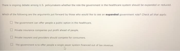 There is ongoing debate among U.S. policymakers whether the role the government in the healthcare system should be expanded or reduced.
Which of the following are the arguments put forward by those who would like to see an expanded government role? Check all that apply.
The government can offer people a public option in the healthcare.
Private insurance companies put profit ahead of people.
Private insurers and providers should compete for consumers.
The government is to offer people a single payer system financed out of tax revenue.
