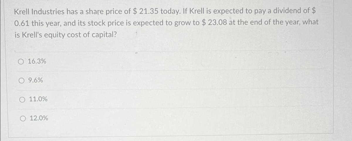 Krell Industries has a share price of $21.35 today. If Krell is expected to pay a dividend of $
0.61 this year, and its stock price is expected to grow to $ 23.08 at the end of the year, what
is Krell's equity cost of capital?
16.3%
9.6%
O 11.0%
O 12.0%