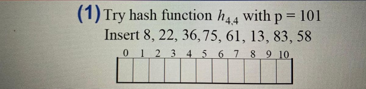 (1) Try hash function h44 with p = 101
Insert 8, 22, 36, 75, 61, 13, 83, 58
0 1 2 3 4 5 6 7 8 9 10